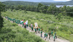 Фото, движение участников крестного хода вдоль озера