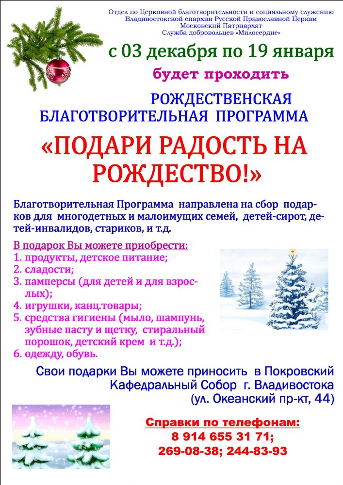 Соцотдел Владивостокской епархии собирает Рождественские подарки в помощь малоимущим и многодетным